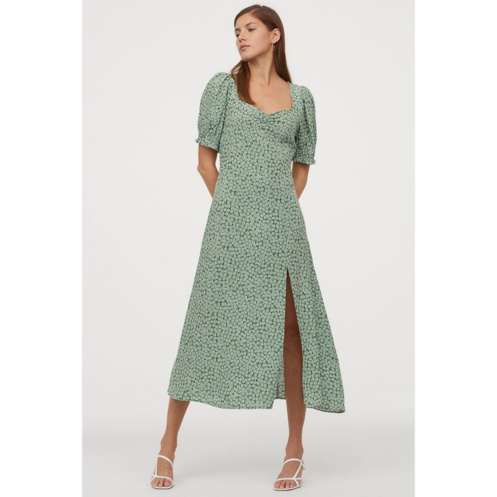 H&M Green Floral Puff Sleeve Midi Dress With Slit